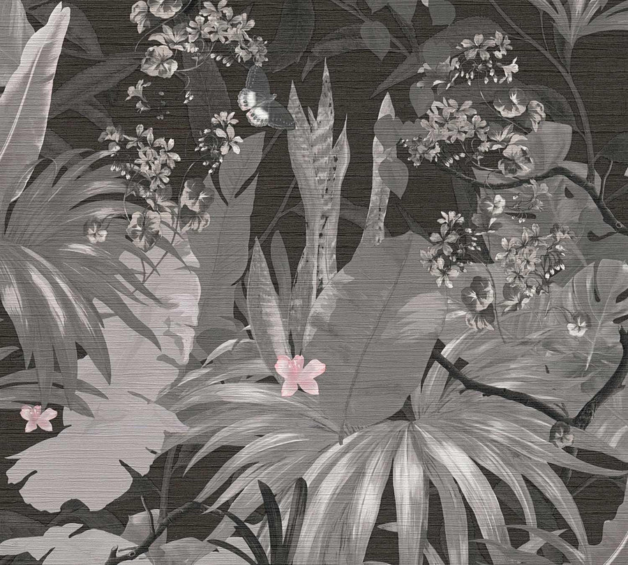 Tropical plant pattern with leaves and flowers on a dark background