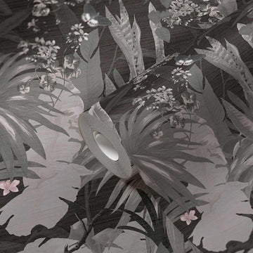 Gray-scale illustration of a butterfly among tropical leaves and flowers