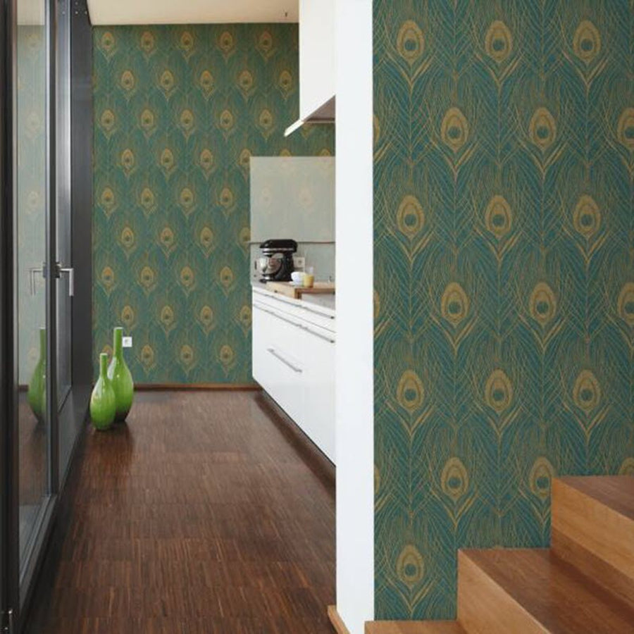 Kitchen with peacock feather patterned wallpaper