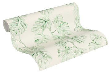 Roll of wallpaper with green leaf pattern on a cream background