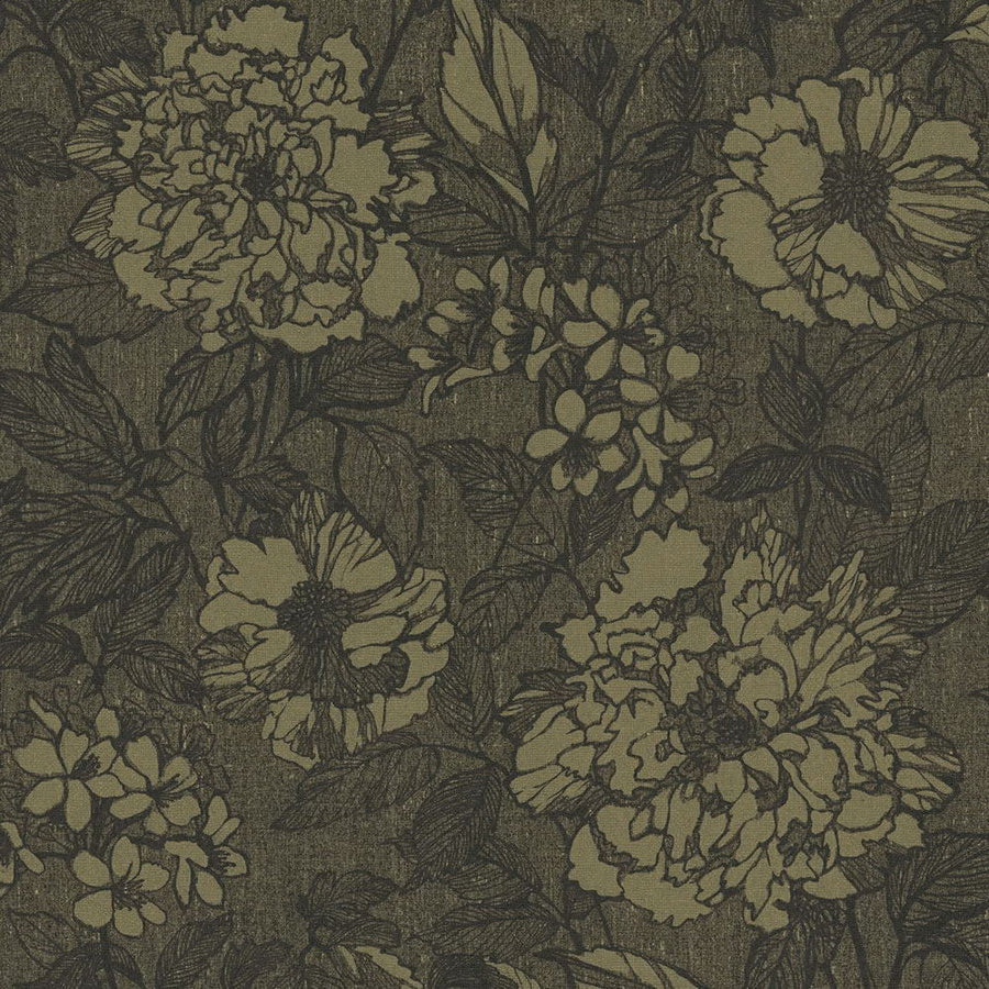 Floral pattern with beige flowers on a dark green background