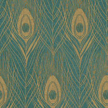 Pattern of peacock feathers in gold on a teal background