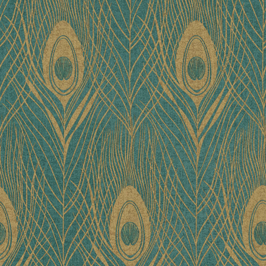 Pattern of peacock feathers in gold on a teal background
