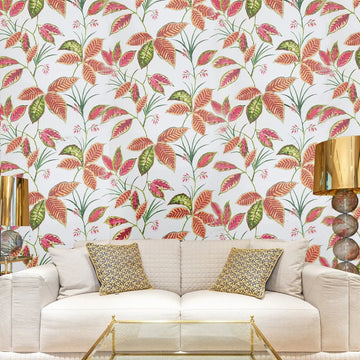 Tropical leaves pink, green and orange Wallpaper